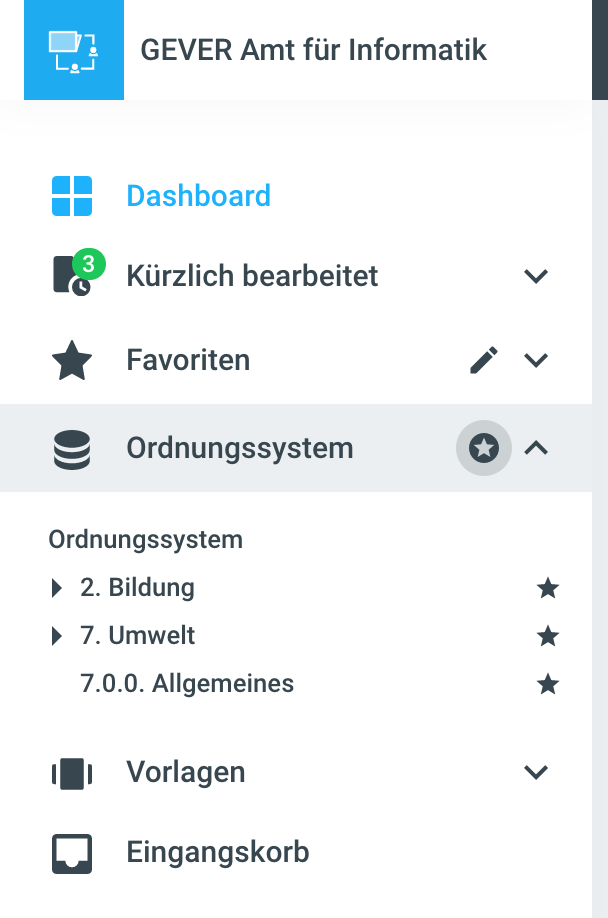 Navigation, mit den neuen Favoriten Funktionen und dem Counter für aktuelle ausgecheckte Dokumente